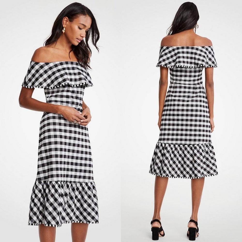 Ann Taylor | Gingham Off The Shoulder Midi Dress